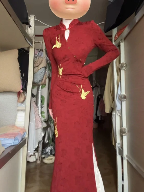 新しい中国風の赤いプリントボディコンロング袍ドレスユニークなレトロユニークな美しい秋のファッション女性のドレス