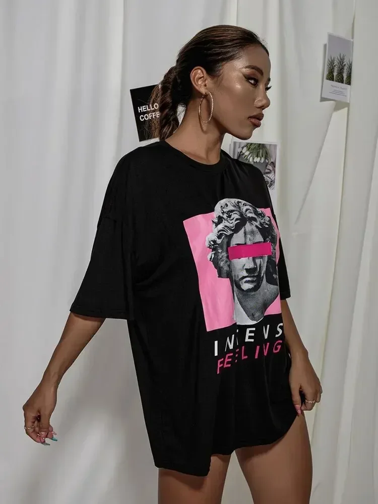 Intense Feelings Drop Shoulder Tee T-Shirts Women Loose High Quality Streetwear Hip Hop Top Y2k Oversize Tops Women T Shirts