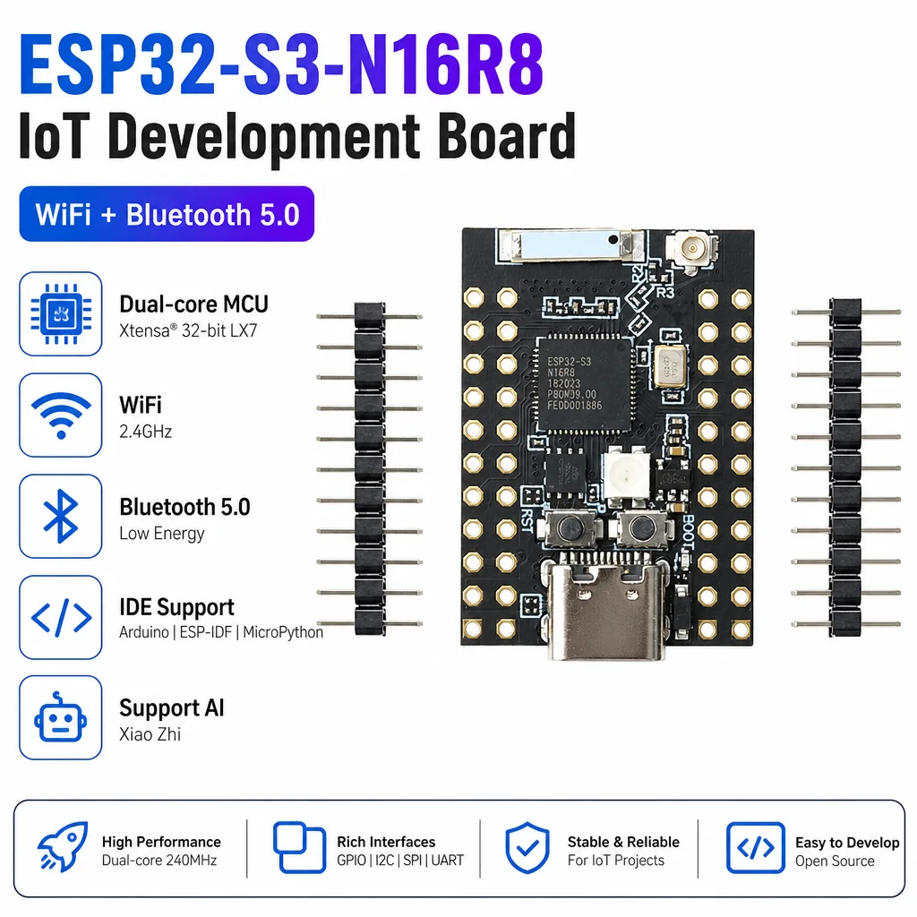 ESP32-S3-N16R8 WiFi Bluetooth Development Board 16MB Flash Bluetooth 5.0 dual-core MCU Module 22Pin Type-C Supports AI XiaoZhi