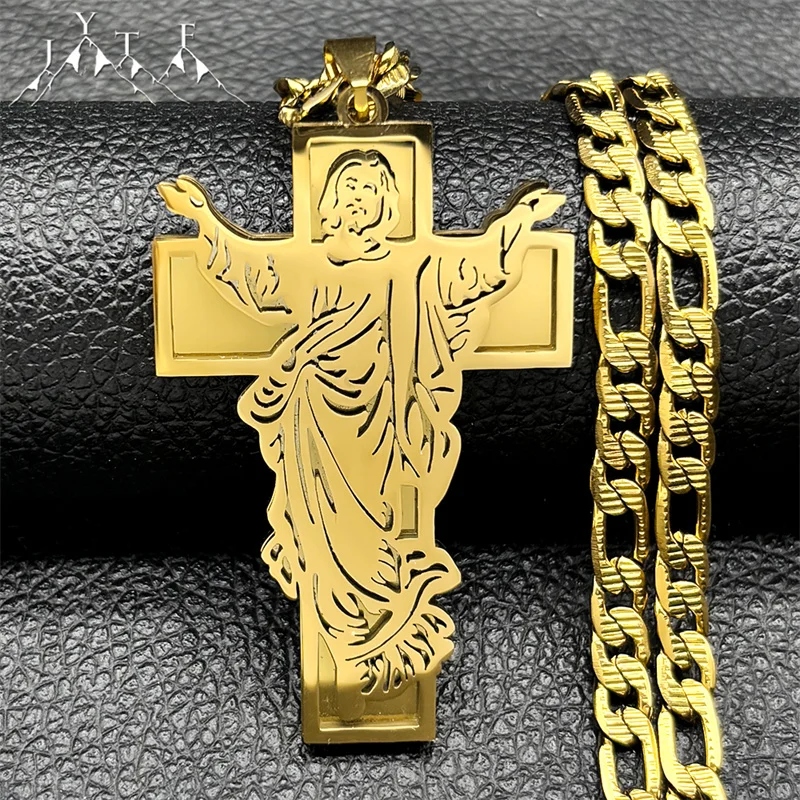 

Jesus Cross Crucifix Stainless Steel Pendant Necklace for Women Men Gold Color Religious Christian Necklaces Amulet Jewelry Gift