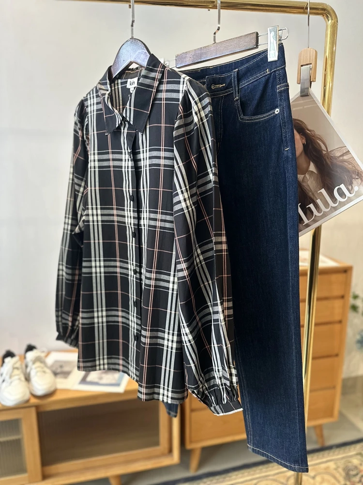 

Classic Faionable Out-of-Sto Retro Plaid Pure Cotton Long Sve Turn-down Collar Commuter irt Breathable Skin-friendly