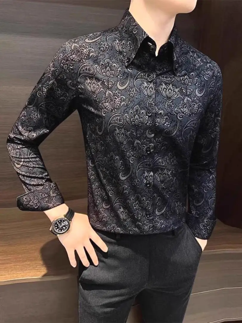 

Slim Fit Long Sleeve Men's Shirt Floral Print Casual Fashion Darker Durable Youthful Style Four Seasons Suitable Sharp Collar