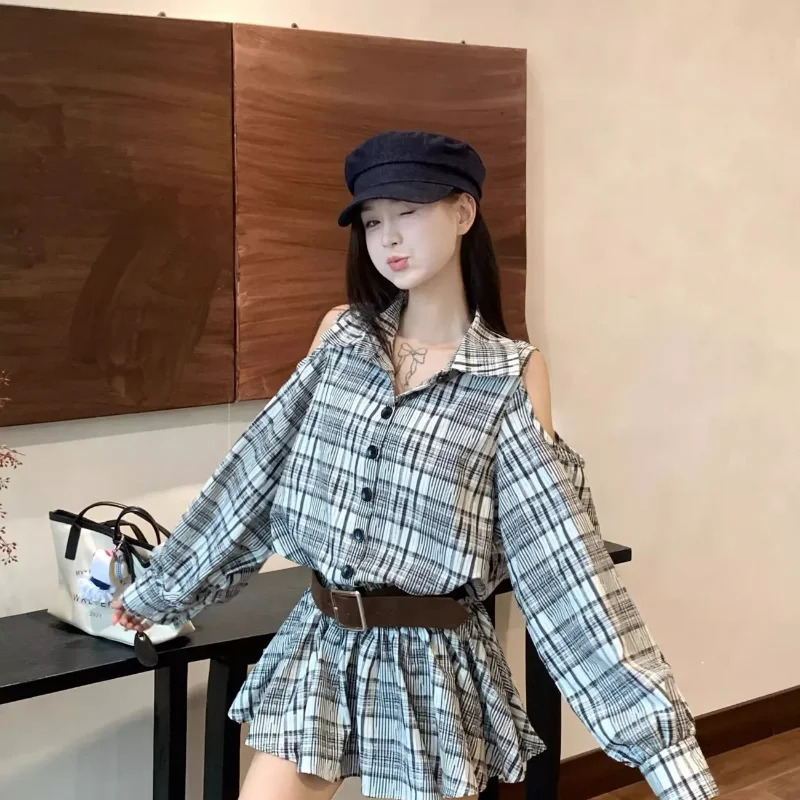 فستان ريترو منقوش عاري الكتفين بياقة بولو وأكمام طويلة للنساء قميص خريفي بتصميم على شكل حرف A