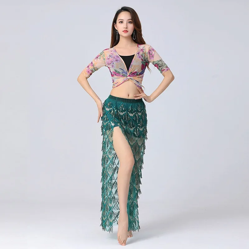 カスタマイズされた大サイズのベリーダンス練習スーツセットメッシュ花トップタッセルスパンコールパフォーマンススカートインド服女性