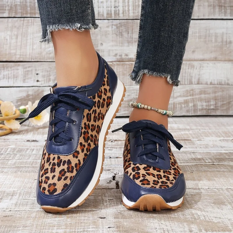 Zapatos vulcanizados con cordones para mujer, calzado informal con estampado de leopardo, colores mezclados, cómodos para caminar, gran oferta, Otoño, 2024