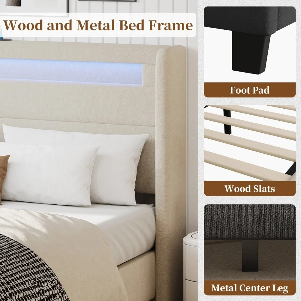 Full Bed Frame with USB Port and LED Light, Modern Platform Bed Frame No Box Spring Needed with Linen Upholstered Headboard