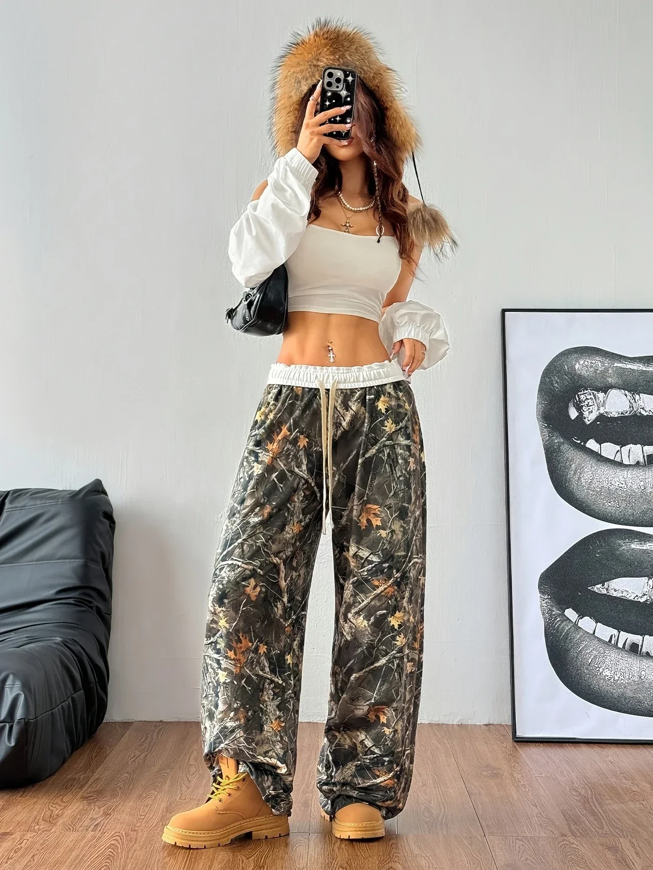 

Plus Size 1XL-5XL Women's Fashion Stylish Camo Print Wide-Leg Pants Elastic Waistband with Drawstrings Comfortable Cute Pants