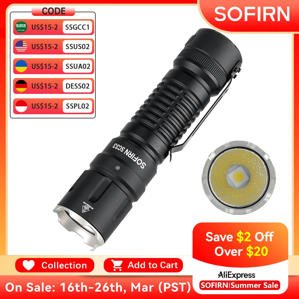 

Sofirn SC33 XHP70.3 HI LED 21700 Rechargeable Tactical Flashlight 5200lm USB C with Tail E-switch Outdoor Light