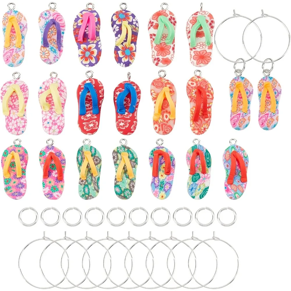 40Pcs Wine Glass Charms DIY Polymer Clay Flip Flops Drink Charm Markers Random Wine Tags Glasses with Wine Glass Rings