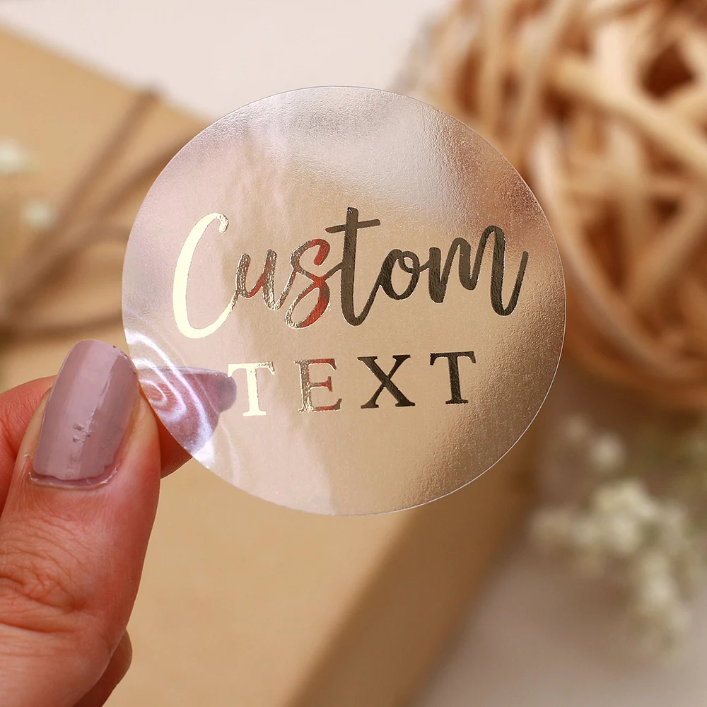 Custom 50pcs Round Gold Foil Clear Label Stickers Wedding Party Envelope Gift Bag Candles Box Pack Cookie Thank You Stickers