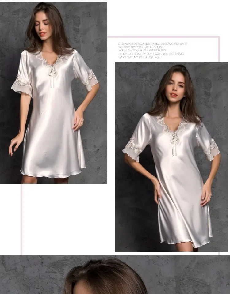 Imitation silk pajamas dress ladies ice silk nightdress mid-sleeve elegant women home wear