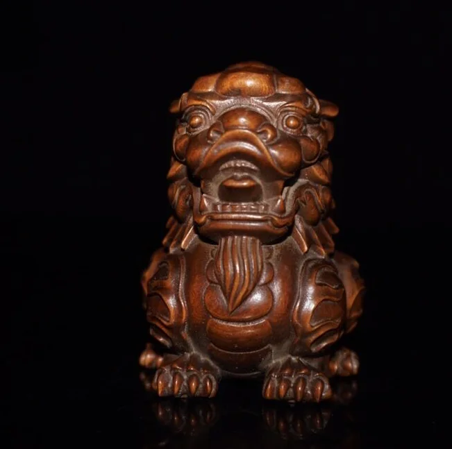 Old Chinese Boxwood Wood Hand Carving Refine Rui Beast Statue