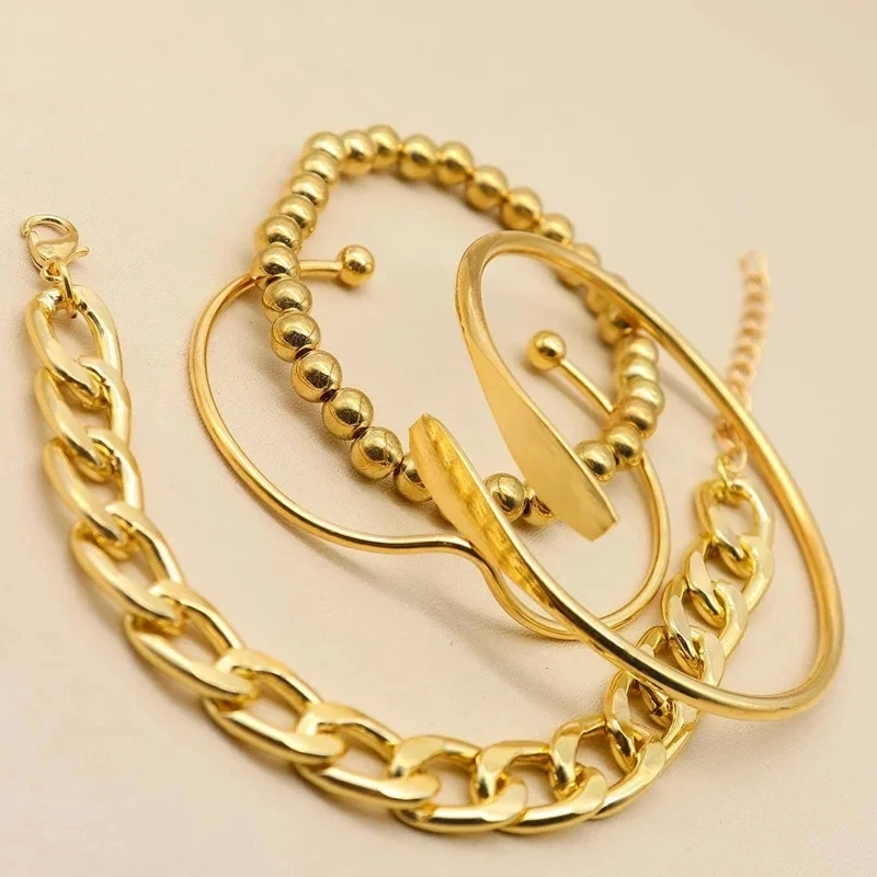 4szt Punk Curb Cuban Chain Bracelets Set for Women Simple Thick Gold Color Charm Bracelets Fashion Jewelry Accessories New