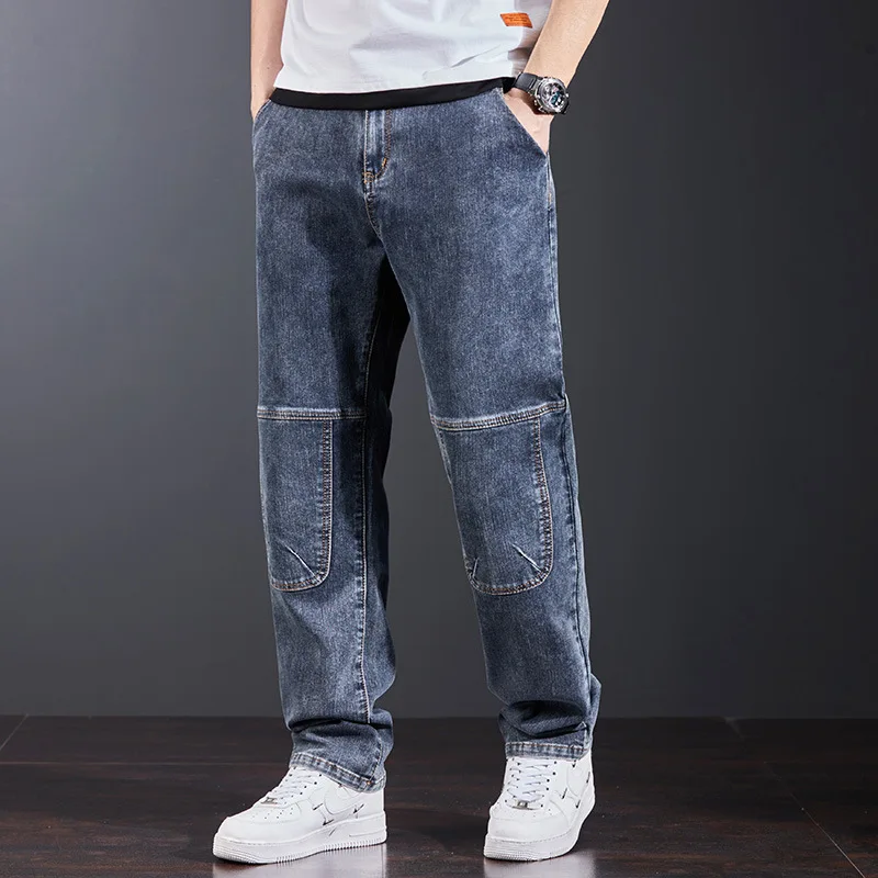 Summer Thin Elastic Jeans Men's Trendy Fashion Stitching Oversized Enlarged Denim Long Pants Trousers Male Clothing Bottoms