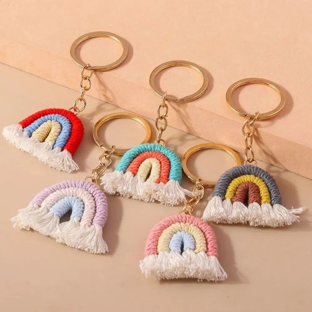 1PC Three Color Rainbow Handmade Woven Keychain DIY Knitted Cute Tassel Fashion Girl Portable Keychain