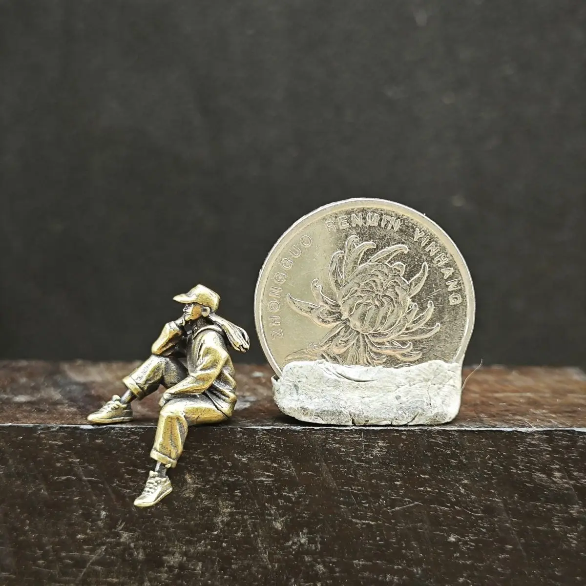Brass Miniature Sitting Figure Poetic Home Decor MicroOrnament Tiny Sculpture Collector's Item Desk Shelf Decoration