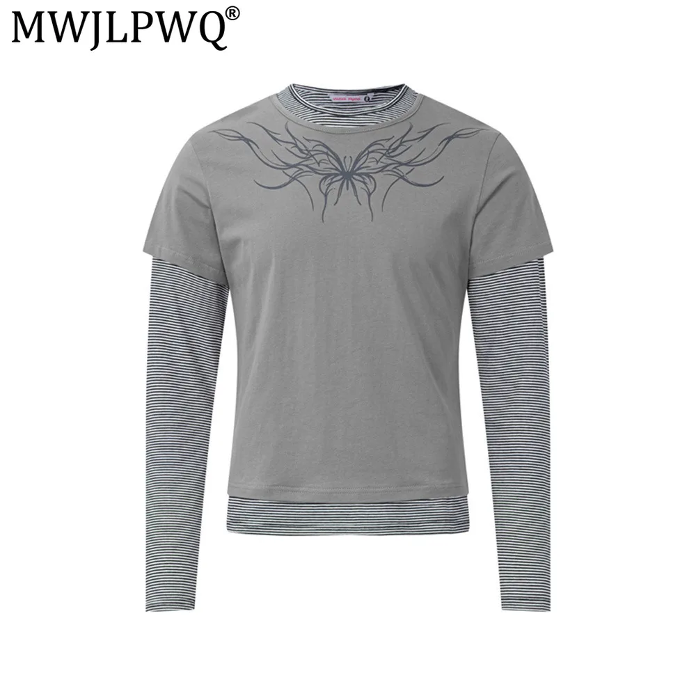 MWJLPWQ Fake Two-Piece Long-Sleeve T-Shirt For Men Hip-Hop Street Spring Autumn Design Floral Print Striped Patchwork Tops 20814