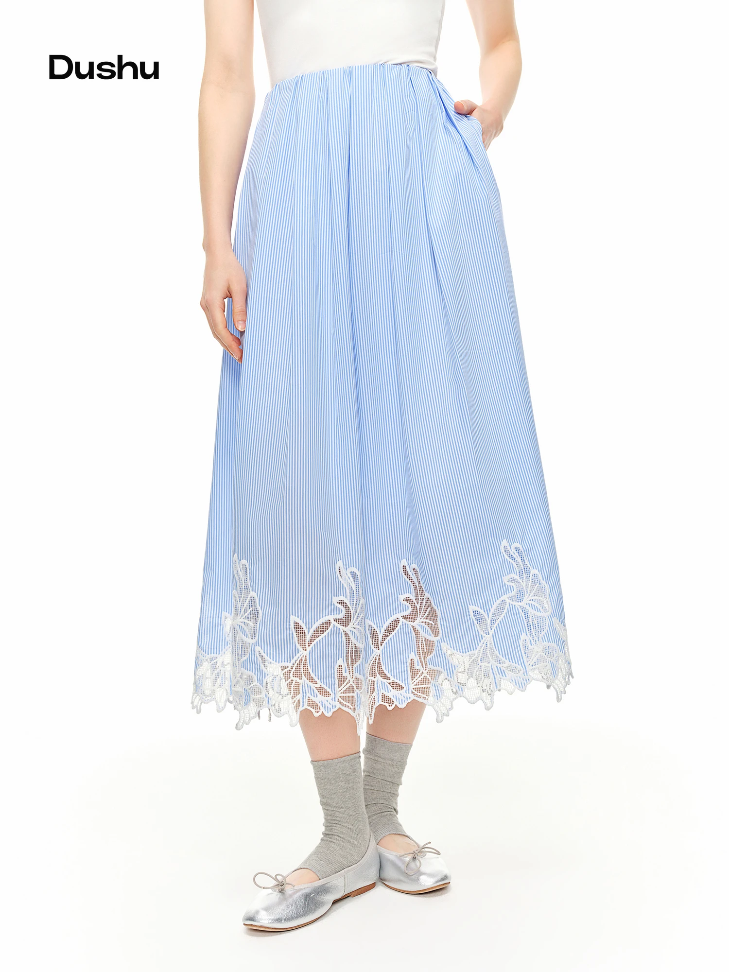 

DUSHU Striped Lace Hollow Out Embroidered Midi Skirt Women New Summer 2026 Korean Style Blue High-waisted A-line Skirt