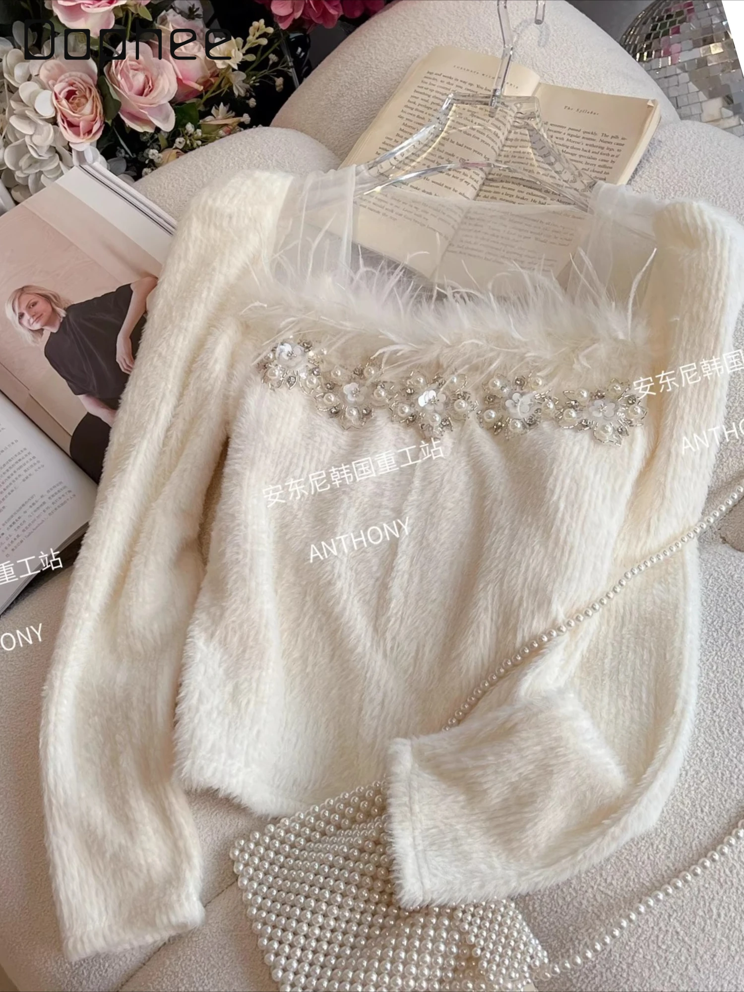 

Осень-зима 2022, новый тяжелый бисер со стразами в стиле пэчворк, милый свободный вязаный свитер с перьями, топ, мягкий норковый бархатный свитер для женщин