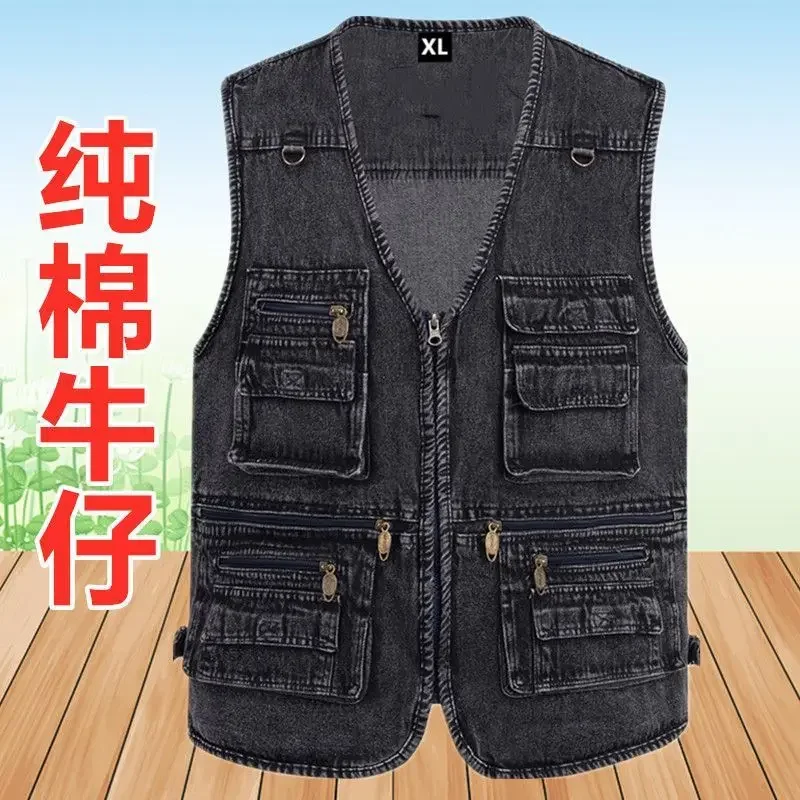 2024 Men's Multi-Pocket Cotton Denim Vest Autumn Multi-Functional Outdoor Fishing Photography Casual Vest