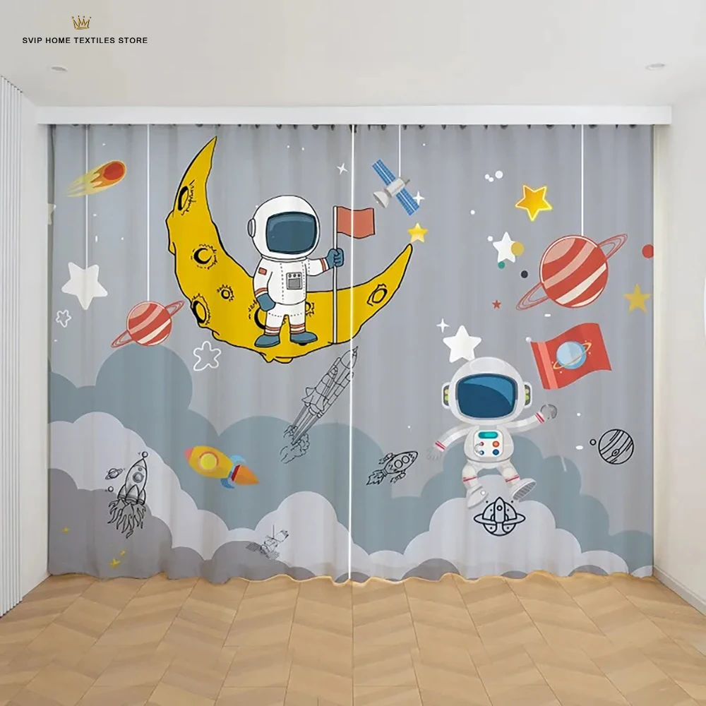 2pcs Cheap Cartoon Space Astronaut Funny Curtain,Boys Kids Rocket Planet Thin Shading Curtains for Bedroom Living Room Custom