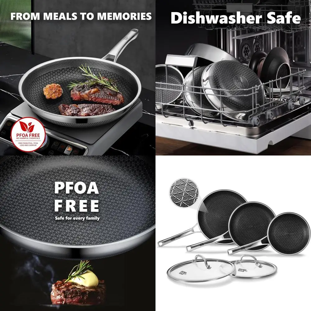 

3-Piece Nonstick Cookware Set with Lids (8, 10, 12) - PFOA-Free, Dishwasher & Oven Safe, Stainless Steel Frying Pans