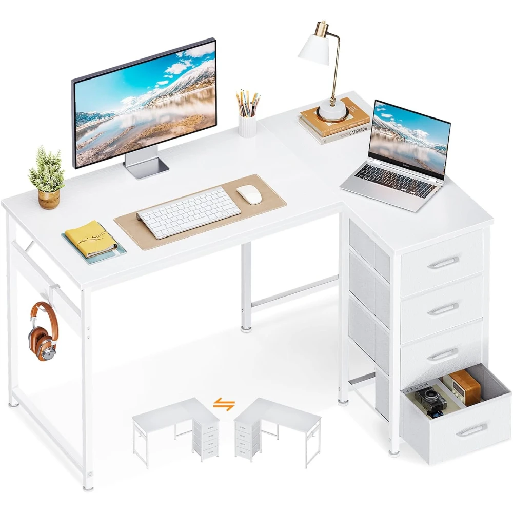 

40" White L Shaped Desk with 4 Drawers & Storage, Kids Study Computer Desk with Hook for Home Office Corner