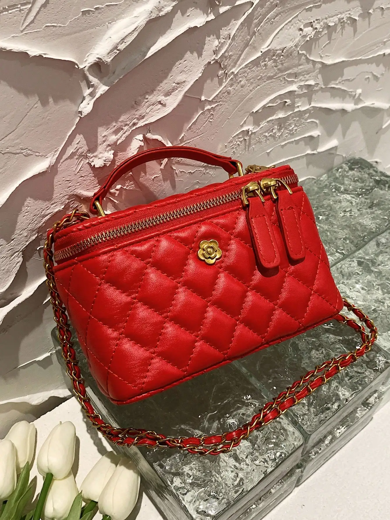 

Red Quilted Top-Handle Crossbody Bag with Gold Flower Clasp
