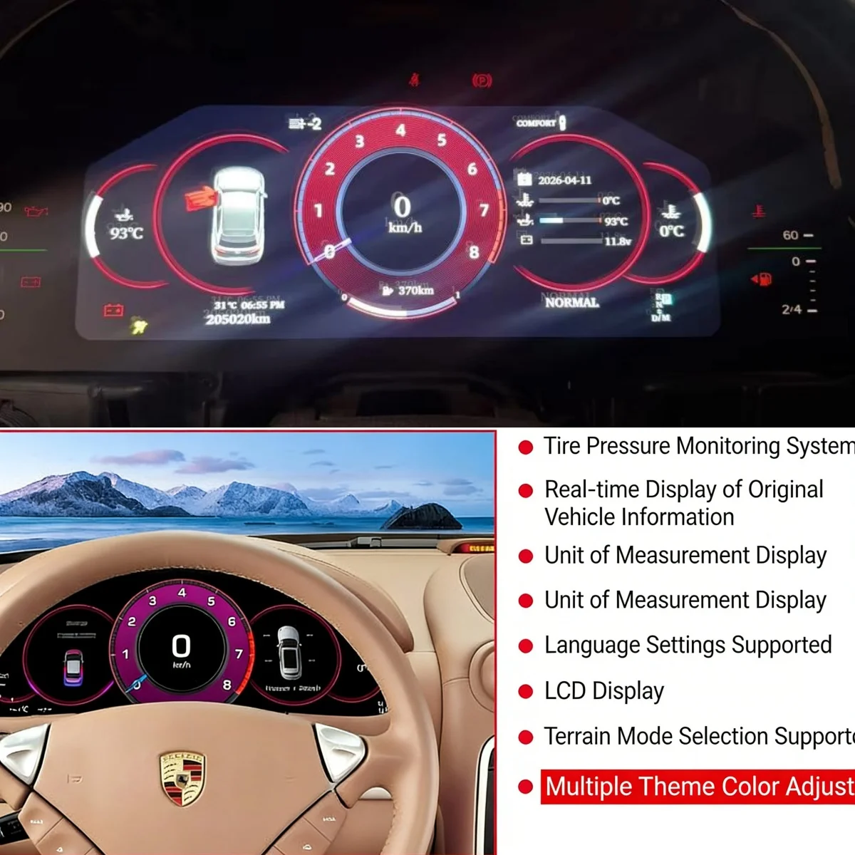 Carplay HDMI Digital Instrument Cluster for Porsche Cayenne 2005-2009 Speedometer,Dashboard,12.3’’ HD screen anti-glare