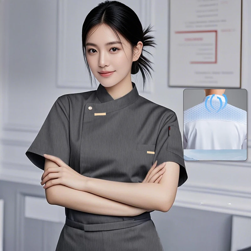 Chaqueta de Chef elegante para mujer, ropa de cocina de manga corta, uniforme de cocinero de verano, camisa transpirable