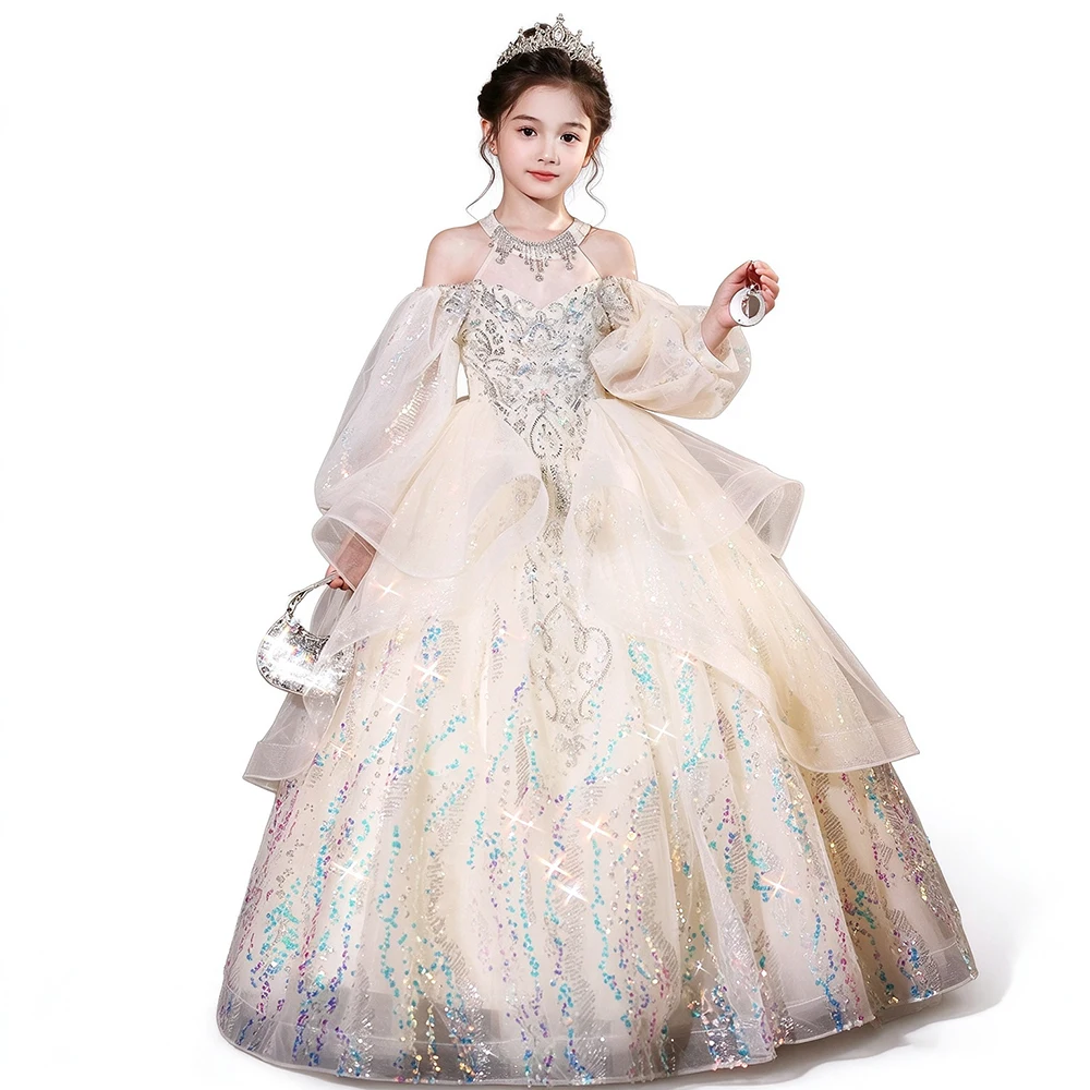 Luxury Lantern Translucent Long Sleeve Off Shoulder Prom Pageant Model Show Evening Dress For Girls Princess Birthday Party Gown