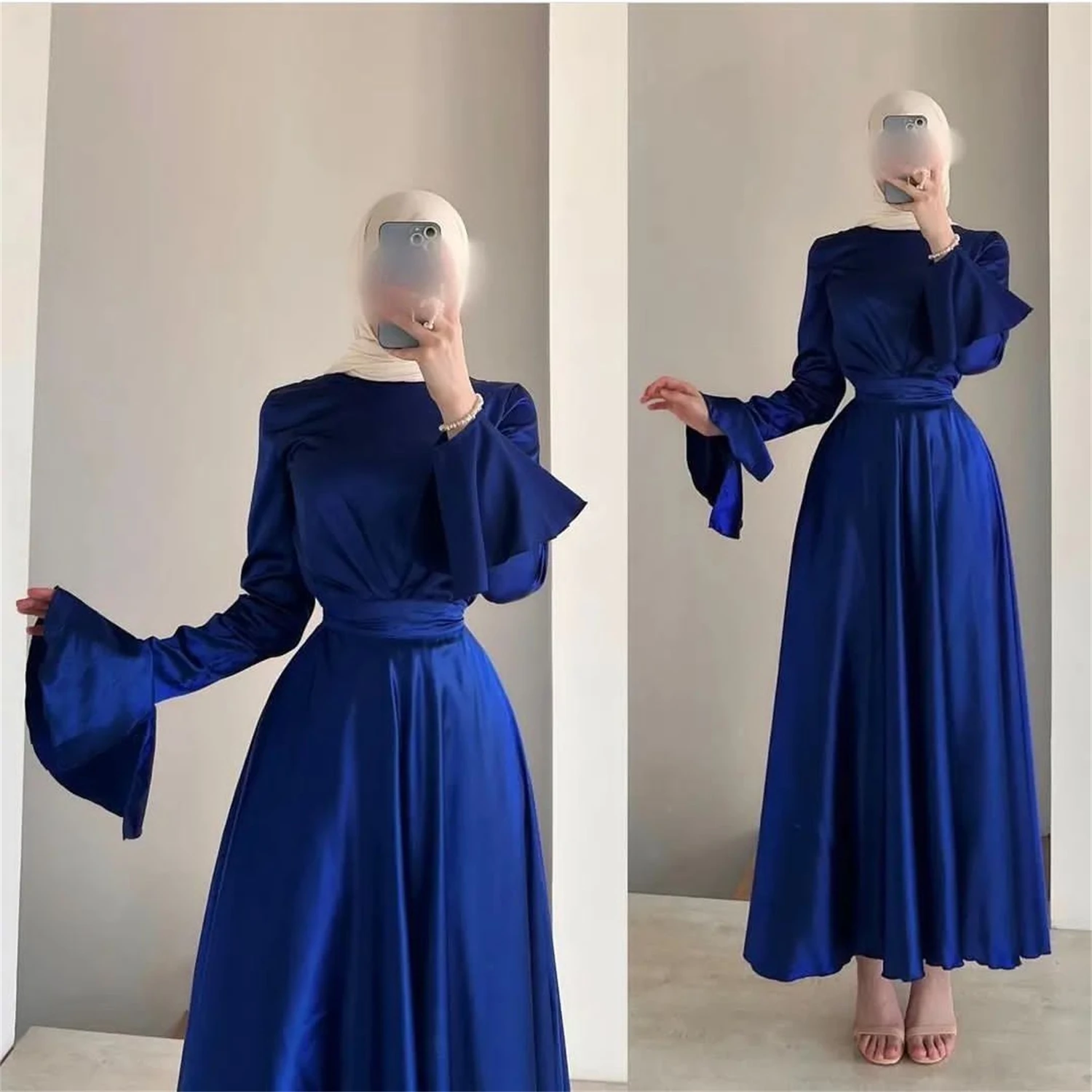 Lucy Royal Blue Arabia saudita abiti da ballo collo alto a-line abiti da ballo maniche lunghe a sbuffo lunghezza del pavimento Dubai abiti da festa formali