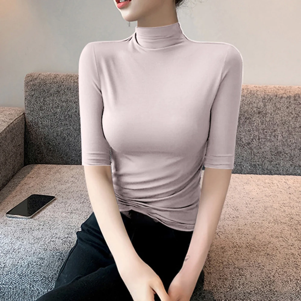 Women's Solid Color Casual Top with Half High Neck and Mid Sleeves for Summer Vacation Beach Yoga Cycling Activities