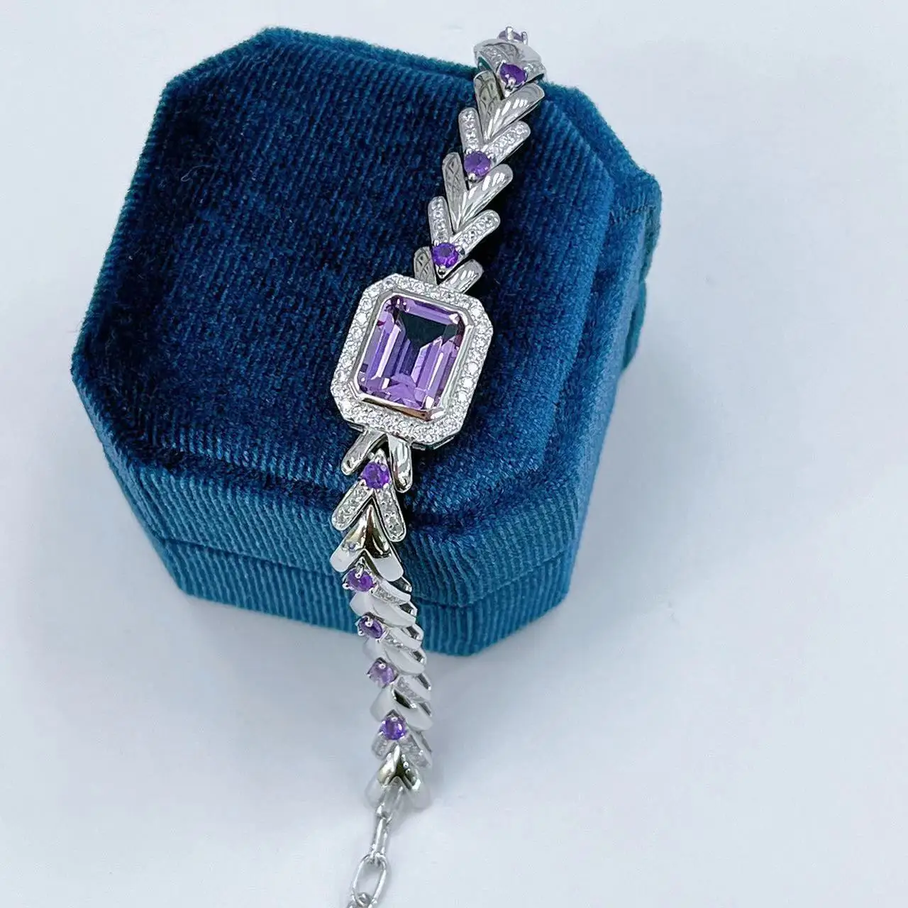 Natural Amethyst Bracelet S925 Silver White Gold Plated, Crystal Healing Adjustable Jewelry