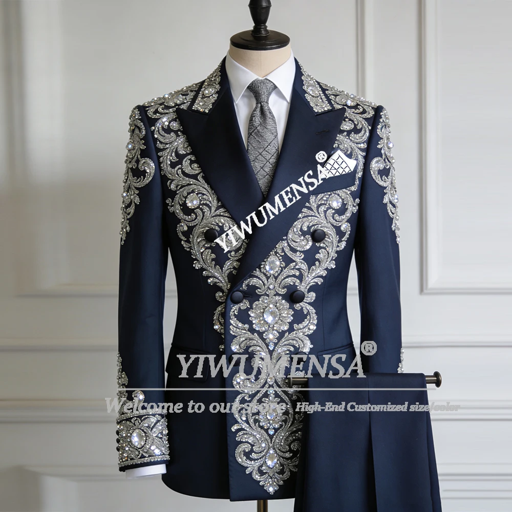 Male Fashion Beaded Stones Suits Men For Wedding Double Breasted Jacket Pants 2 Pieces Sets Groom Tuxedos Slim Fit Ropa Hombre