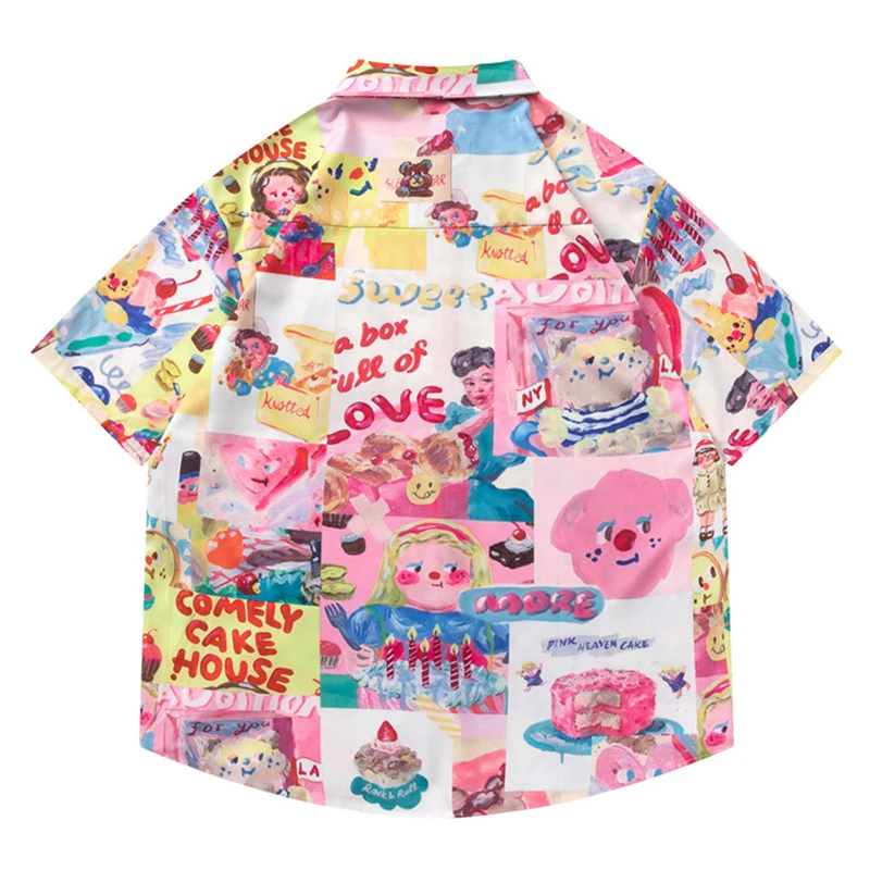 Dark Icon Sweet Cake Cartoon Shirt Men Summer Vintage Short Sleeve Shirt Loose Casual Tops Beach Hawaiian