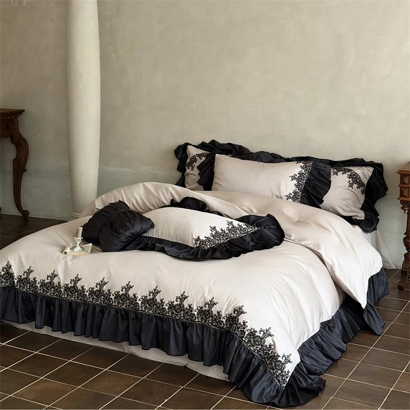 Luxury Embroidery Black Lace Ruffles Princess Bedding Set 1000TC Egyptian Cotton Duvet Cover Flat/Fitted Sheet Pillowcases 4Pcs
