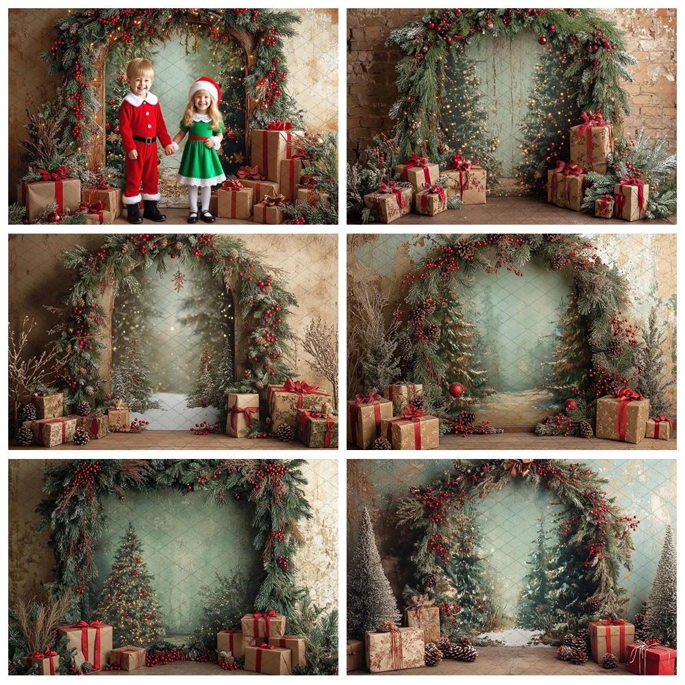 

Christmas Wonderland Entrance Photography Background Green Xmas Wreath Gift Box Backdrop Winter Kids Family Photo Studio Props