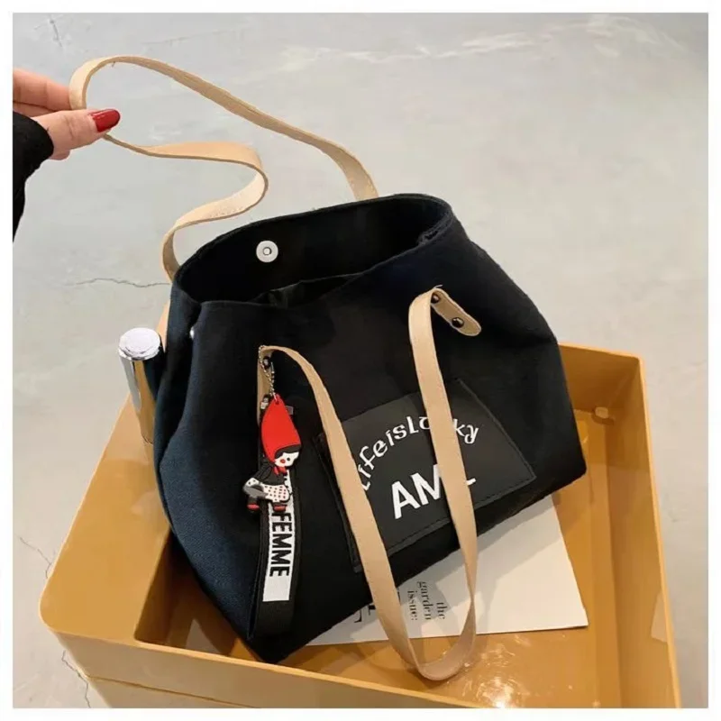 Canvas Shopping Bags Women Portable Large Capacity Shoulder Bag Eco Reusable Fashion Girls Canvas Tote Book Bag