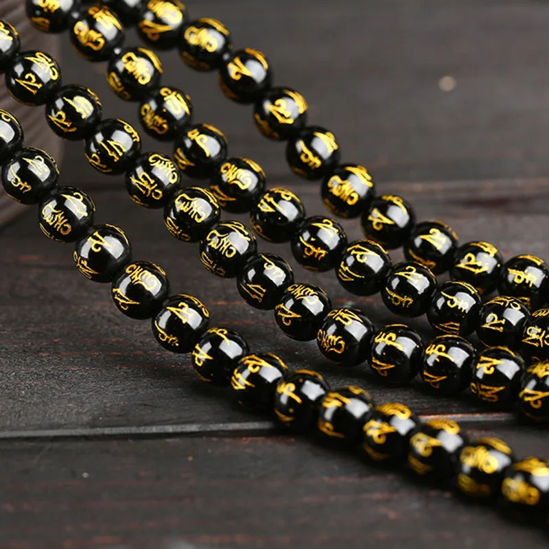 Diffone 6/8/10/12mm Natural Obsidian Stone For Jewelry Making Buddhist Scriptures Black Smooth Loose Beads DIY Bracelet Necklace