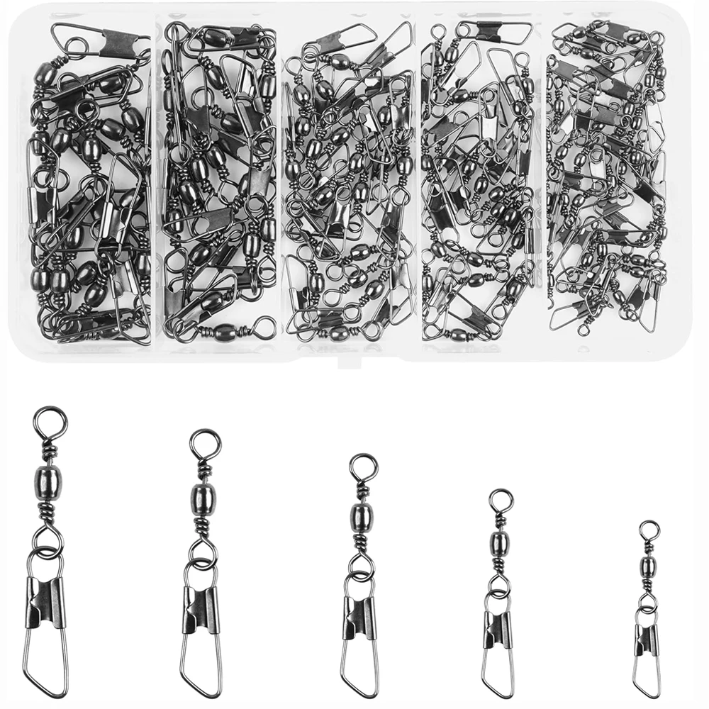 100pcs Fishing Swivels Snaps Kit Barrel Swivels with Safety Snaps High Strength Interlock Snaps Fishing Tackle Accessories