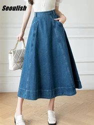 Seoulish High Waist Women's Denim Long A-Line Skirts Spring Summer Vintage Cowboy Jeans Umbrella Skirts Pockets Female 2023 New