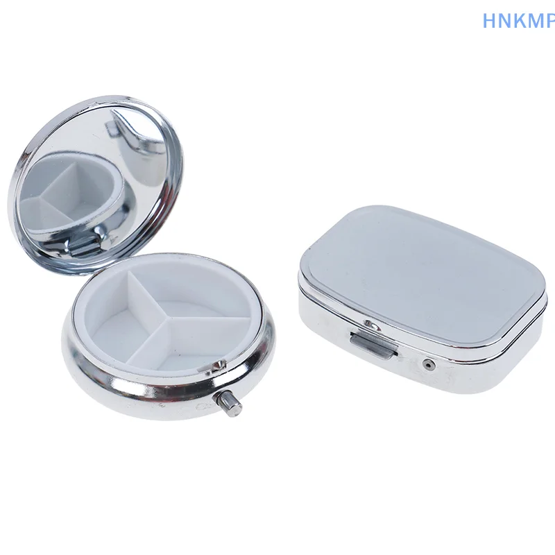 1Pc Small Metal Round Rectangular Silver Tablet Pill Box Container Medicine Case