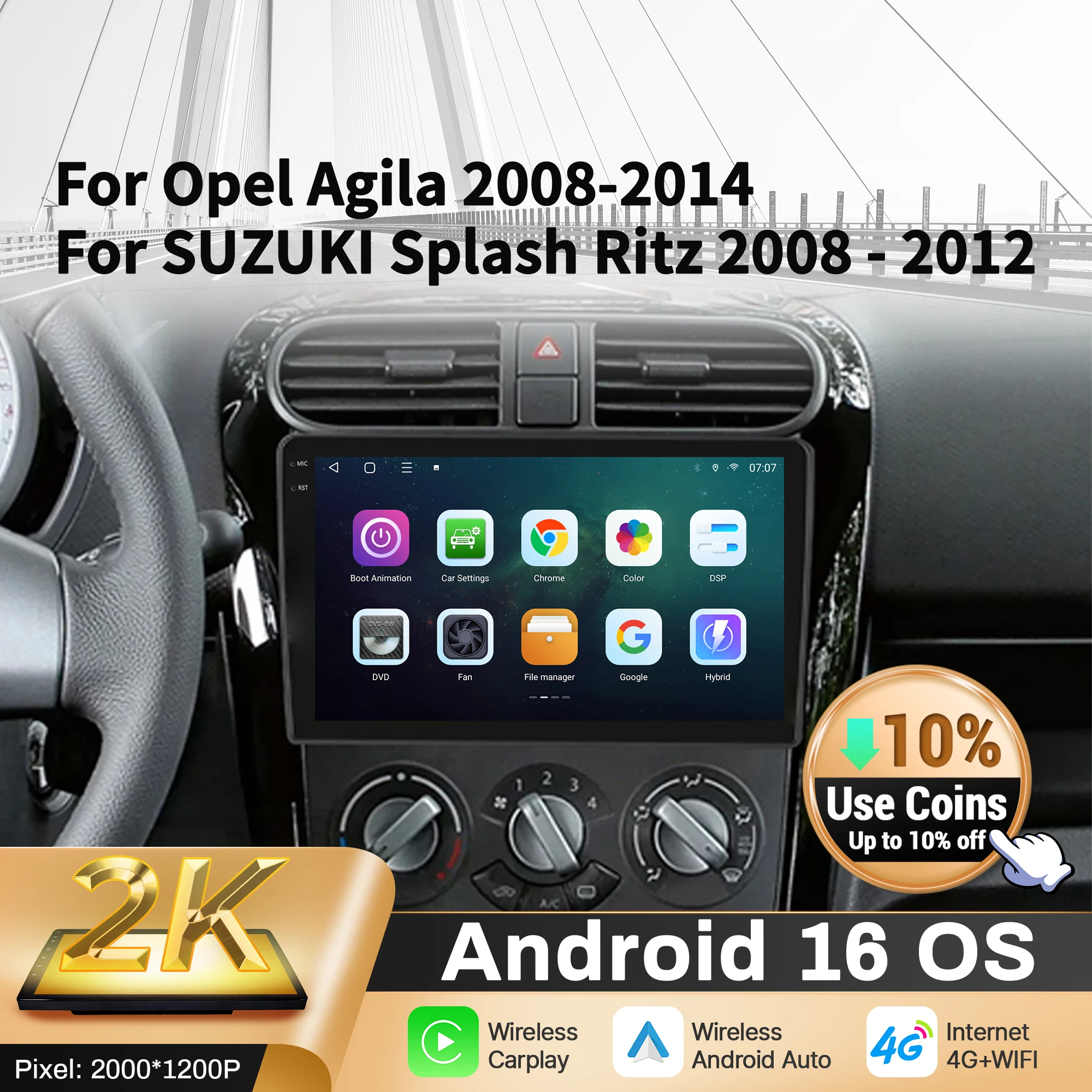 9inch Car Radio Android 16 For Opel Agila 2008-2014 SUZUKI Splash Ritz 2008-2012 BT Carplay Multimedia Navigation 2K QLED Screen