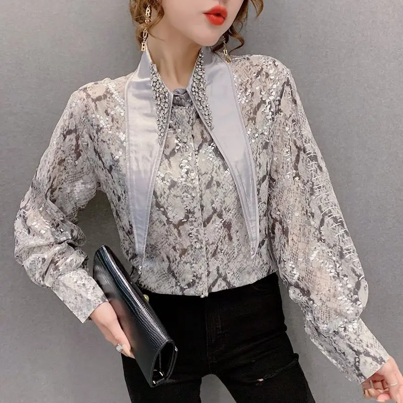 Women Vintage Rhinestone Pointed Collar Designer Party Shirts Spring Autumn Fashion Print Elegant Blouses Long Sleeve Loose Tops