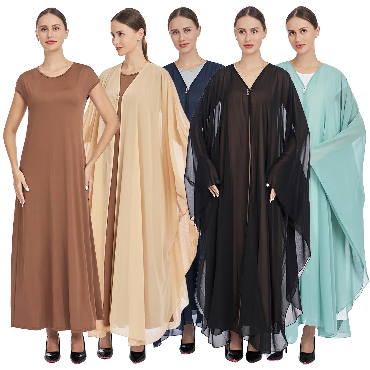 

2PCS Muslim Women Chiffon Cape With Inner Dress Sets Dubai Abaya Kimono Jalabiya Turkey Kaftan Eid Islam Clothing Robe Ensembles