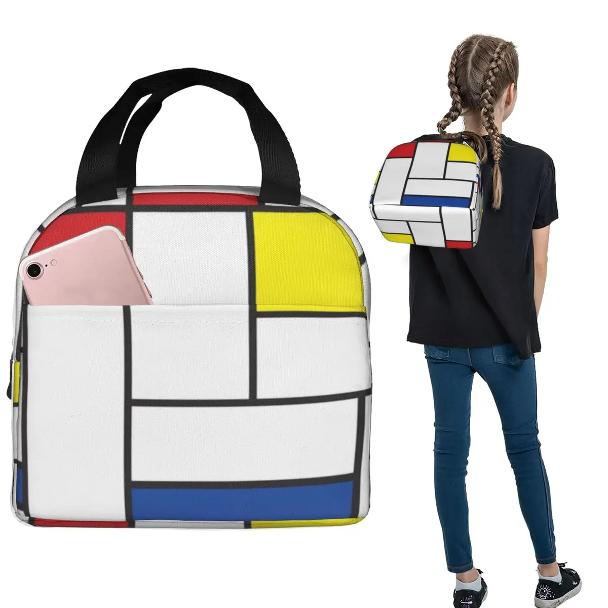 Mondrian Abstract Art Deco Graphic Insulated Lunch Bag for Women Children Portable Food Boxes Thermal Lunch Box Tote
