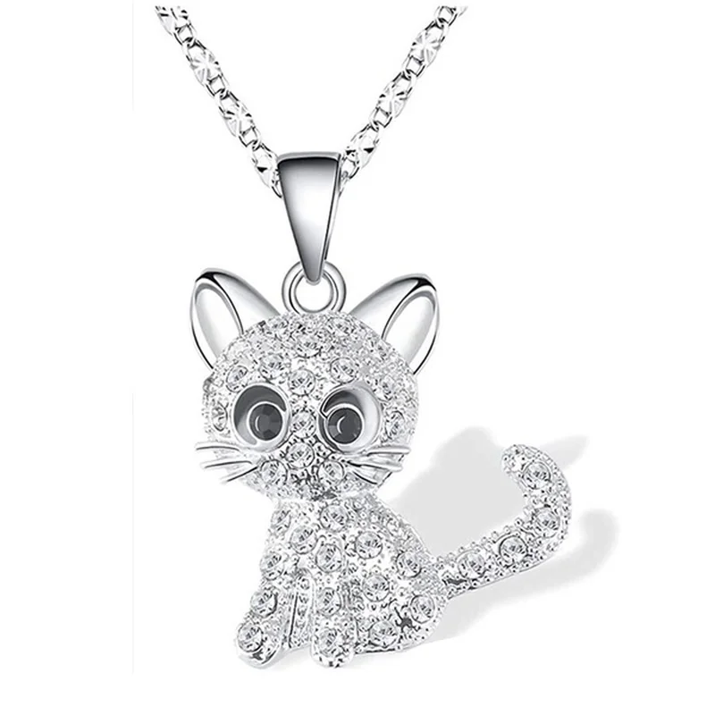 Pink Girl Cat Pendant Necklace for Women Sparkle Color Zircon Cartoon Animal Kitten Necklace Valentine\'s Day Anniversary Gift