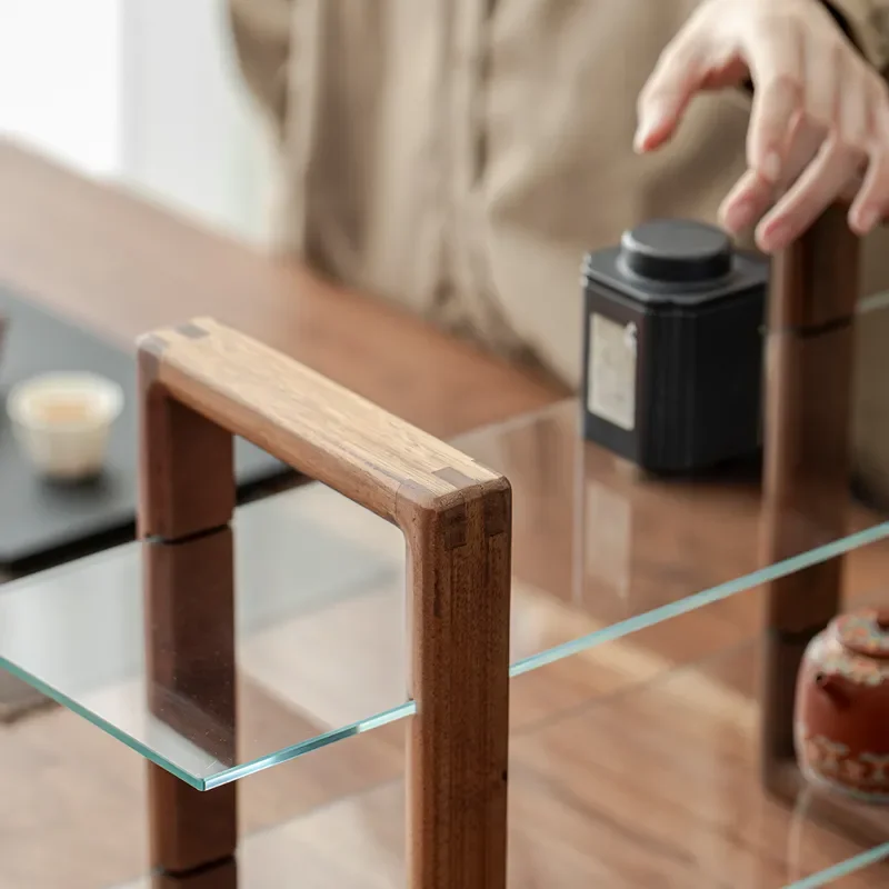 Walnut Double Layer Tempered Glass Display Rack for Tea Set Desktop Storage Shelf Organizer for Sundries Home Decor Cabinet
