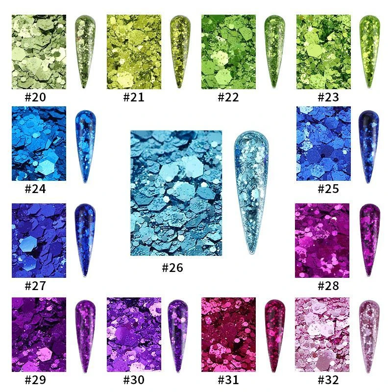 50g/Beutel Sechseckiges Glitzerpulver in verschiedenen Größen, metallische Pailletten, Kosmetikqualität für Nagelkunst, Harz, Tumbler, Slime, Körper, Gesicht, DIY – Detail 3